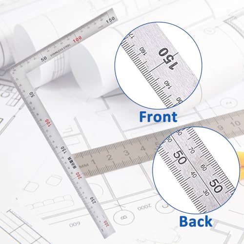 Angle Ruler Siumir Stainless Steel L Shape Ruler 150 x 300 mm 90 Degree Right Angle Ruler Double Scale for Carpenters, Architects and Engineers