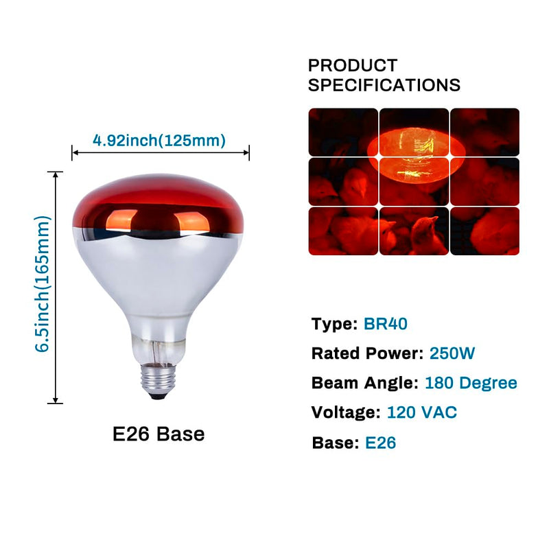 4 Pack 250 Watt Heat Lamp Bulbs for Chicks, R40 Brooder Heat Lamp for Chickens, Infrared Reflector Heat Bulbs for Brooder Heater, Incandescent Spotlight for Pet, Bathroom, Food 4 Pack