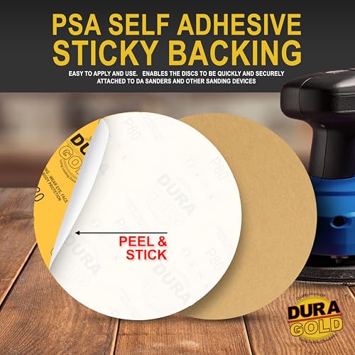 Dura-Gold 8-inch gold PSA sanding discs variety pack, grits 40 to 320, two each visibly arranged