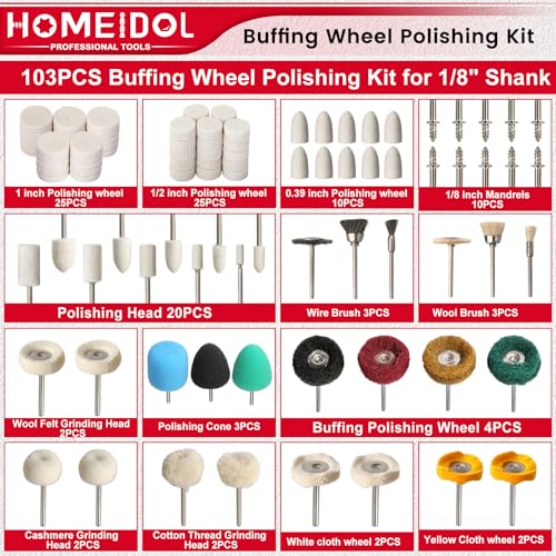 HOMEIDOL 103-piece Dremel polishing kit with buffing wheels and 1/8-inch shank polishing bits