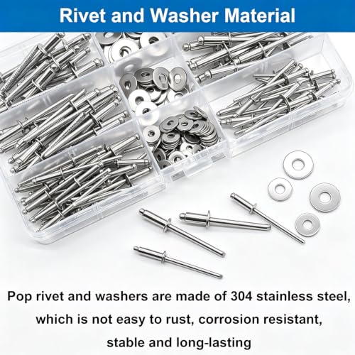 Seept 304 stainless steel blind rivets with washers, 7-size assortment kit in silver for metal, furniture, and automotive use
