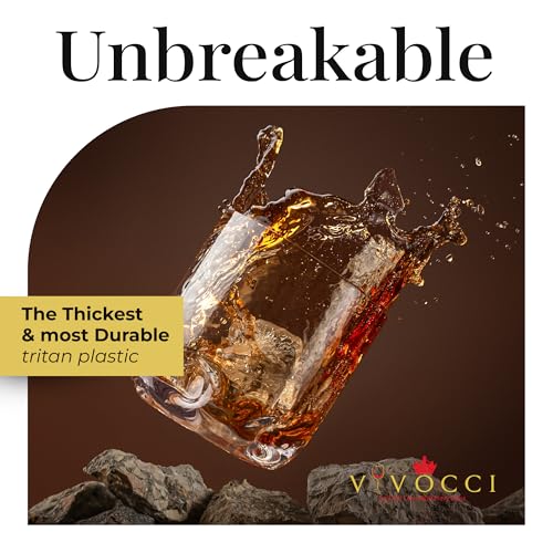 Vivocci Unbreakable Tritan Plastic 12.5 oz Whiskey & Double Old Fashioned Bar Glasses - Thumb Indent Heavy Base - Ideal for Bourbon & Scotch - Upscale Men's Gift - Dishwasher Safe Barware - Set of 6 12.5 oz, Set of 6