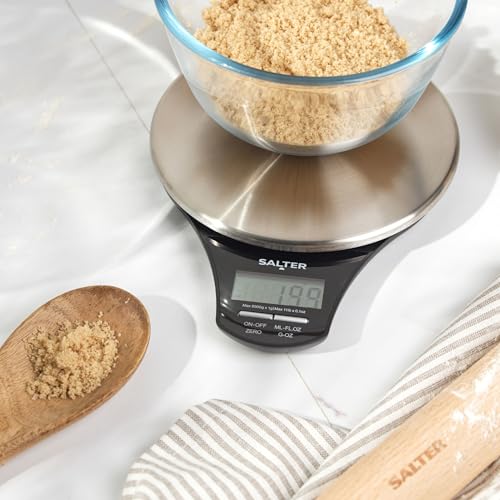 Salter Digital Kitchen Scale – Food Scales, Kitchen Weighing Scales, 5kg Capacity, Stainless Steel Platform, Measure Liquids, Add & Weigh, Tare/Zero Function, 1 x CR2032 Battery Included, 1035 SSBKDR Aquatronic Platform Scale