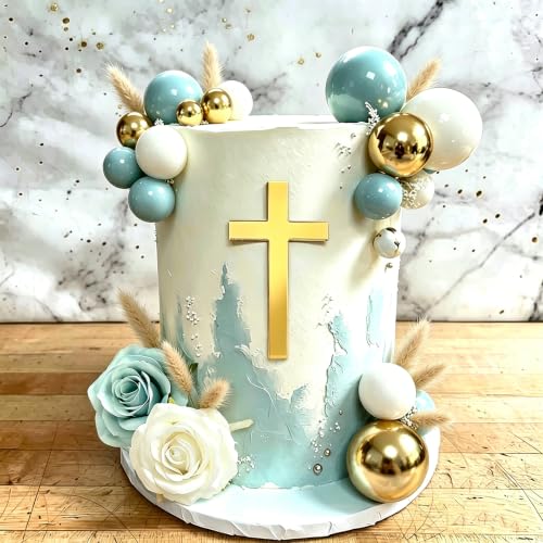 Gold Cross Cake Topper for Baptism, Glod Blue Balls Cake Decorations First Communion & Christening, Acrylic Mirror Decor - 3.94 Inch Holy Cross for Baby Shower, Wedding Cakes