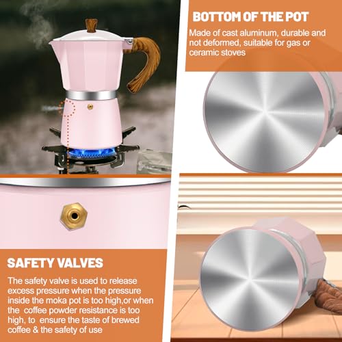 3 Cup Aluminum Espresso Stovetop Moka Pot Express Coffee Maker Percolator Italian Classic Mocha Coffee Machine for Italian and Cuban Cafe Brewing for Home & Camping 150ml 5oz Pink 3 Cup