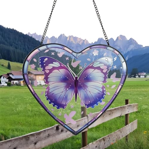 Purple Butterfly Stained Glass Window Hanging, Butterfly Suncatcher Window Wall Garden Decor with Chain, Heart Suncatchers Gift for Women, Mom, Wife, Aunt, 7.9 in Bible Verses