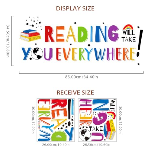 Inspirational Quote Wall Decals Sticker, Motivational Phrase Decoration Classroom Bedroom Playroom Art, Study Room Library Wall Sticker Decor, Reading Will Take You Everywhere