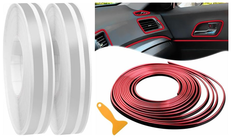 Spurtar 2 Rolls x 33Ft Car Pinstriping Tape Silver & 16.4ft/5M Car Interior Trim Strips Red