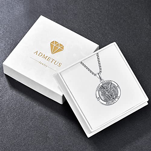 ADMETUS Locket St Michael Necklace for Men Sterling Silver Locket Saint Michael Necklace for Men Double Sided Round St Archangel Michael Pendant Sigil Protection Jewellery Religious Gifts