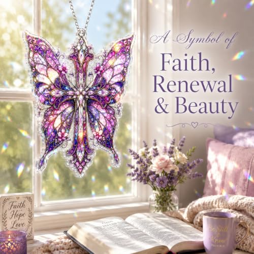 Cross Decor Suncatcher, Butterfly Stained Glass Window Hanging Purple Butterfly Cross