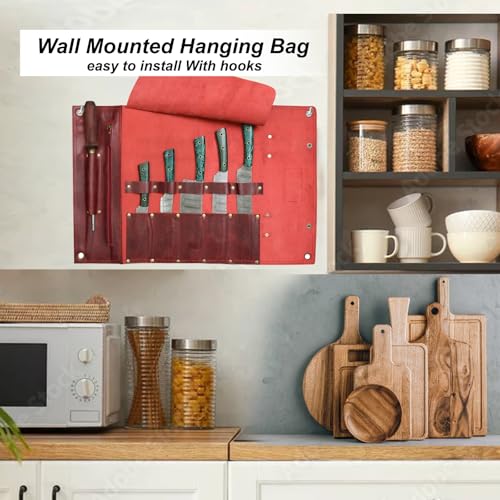 Leather Knife Roll Bag – Chef Knife Bag with 7 Pockets – Durable Crazy Horse Leather Knife Roll for Professional Chefs – Portable Knife Storage Case