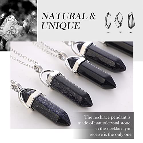 papasgix Layered Hexagonal Gemstone Healing Crystal Stone Pendant Necklaces, Pointed Quartz Amethyst Stone Pendant Necklaces with Layered Moon Star Silver Necklace(2)