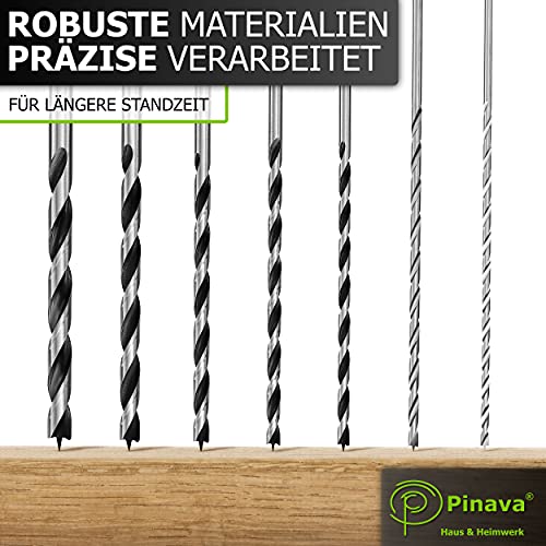 Pinava Wood Drill Bit Set Long [Stable & Sharp] - 7 Shatterproof Auger Drill Bits - Wood, Precise & Centred - Spiral Drill Bit 30 cm, Extra Long Drill Bits - Diameter 4, 5, 6, 7, 8, 10, 12 x 300 mm Set of 7