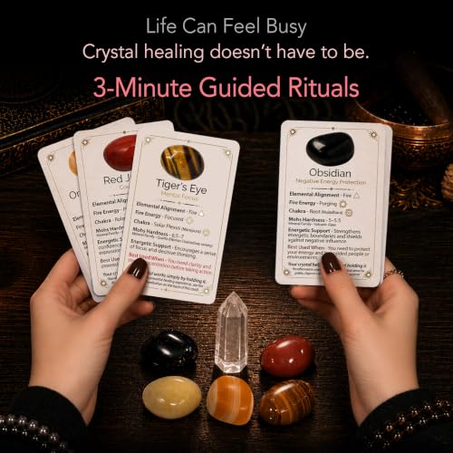 Enchanted LION® Ultra-Premium Ethically Sourced Fire-Element Crystal Set: Confidence, Courage, Protection & Vitality, Real Quartz Wand, Tigers Eye, Black Obsidian, Gift Box & Ritual Cards Multi-color Crystals