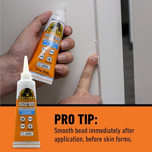 Gorilla Waterproof Caulk & Seal silicone sealant, 2.8oz white squeeze tube for kitchen, bath, windows, and doors