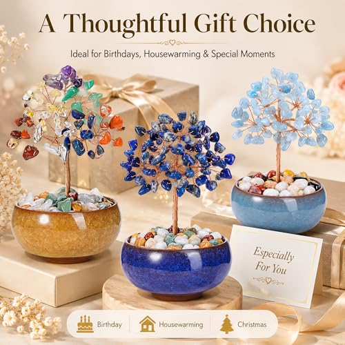 CrystalTears Chakra Crystal Tree of Life, 7 Chakra Gemstone Money Tree with Ceramic Bowl, Healing Crystal Energy Crystal Tree for Home Office Desk Decor, Spiritual Birthday Gifts for Women Men