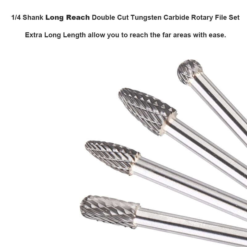 [Australia - AusPower] - 6-Inch Long Carbide Rotary Burr Set 6 mm (0.25 inch) Shank Long Reach Double Cut Tungsten Carbide Rotary File Set Fits Rotary Tool for Woodworking Drilling Carving Engraving, 4pcs 