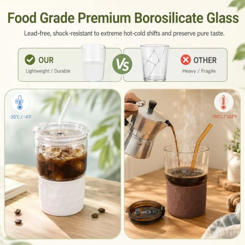 16oz Coffee Tumbler, Reusable Borosilicate Glass Cups with Lids and Straws 4 Packs-2White,2Coffee