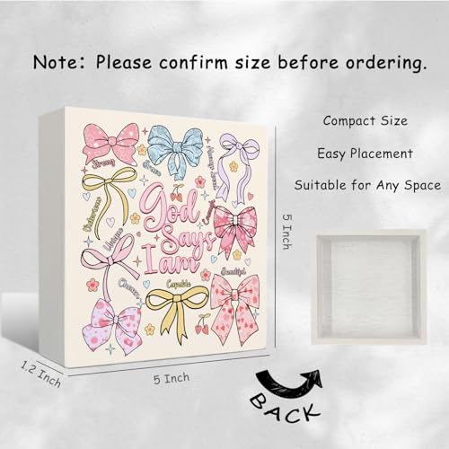 Coquette Bow Wooden Sign - Coquette Room Decor, Pink God Says I Am Wooden Box Signs, Preppy Bow Bible Verse Decor, Inspirational Christian Gifts for Women, 5 X 5 Inches (8) God say i am