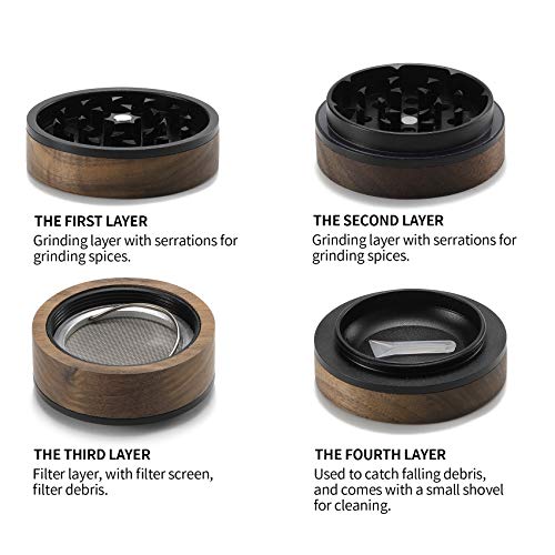 DCOU Premium Large Wooden Spice Grinder Pollen Collector with Magnetic Lid and Pollen Catcher 4 Piece 2.5 inches (Black) Black
