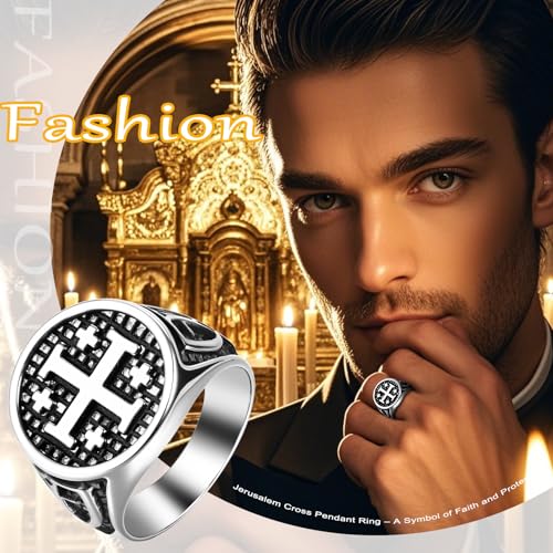 Flonge Cross Ring for Men: Jerusalem Cross Stainless Steel Ring Religious Cross Signet Rings Christian Baptismal Amulet Gift 11(V1/2)