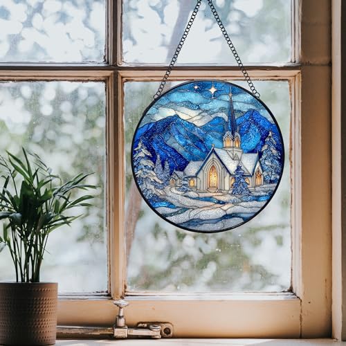 Christian Church Christmas Stained Glass Window Hanging Suncatchers, Religious Winter Sun Catchers Indoor Window Glass Wall Art Decor, Winter Wall Hanging Decorations Sculptures, 7.9x7.9in