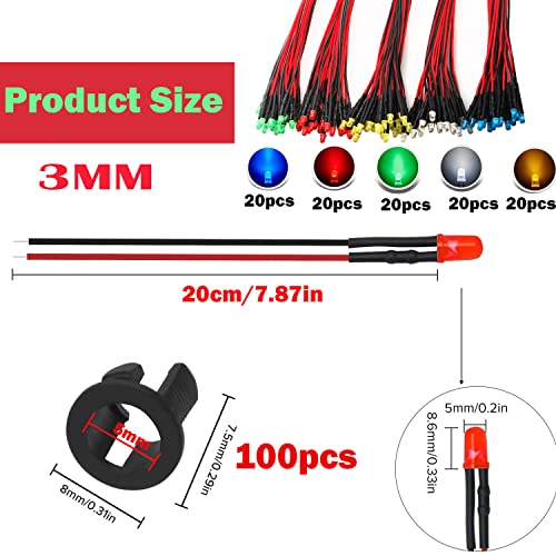 RUNCCI-YUN Pack of 100 3 mm 3 V-9 V-12 V LED Diode, LED with Cable 12 V, Model Railway H0 Lighting RC Model Building LED Diodes Light + 100 Pieces 3 mm LED Mounting Rings Plastic (Red, Yellow, Green, White, Blue)