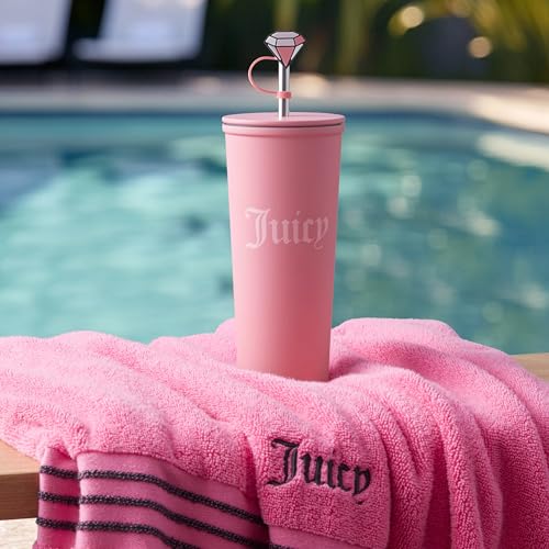 Juicy Couture 6-Piece Tumbler Gift Set With 24oz Stainless Steel Tumbler With Reusable Straw, 3 Straw Toppers and Cleaning Brush, Pink Hot Pink 24 Ounces