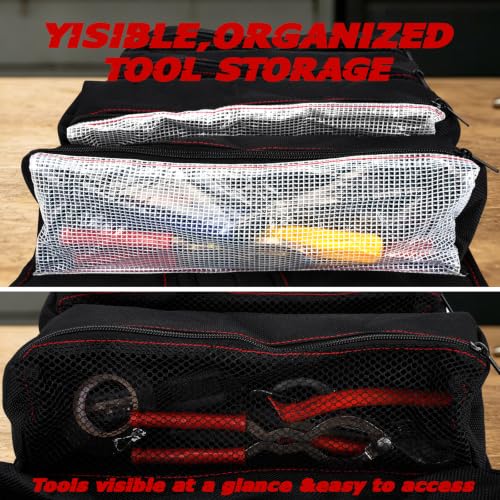 LIBKUR black tool roll bag with 13 pockets and clear pouches rolled up