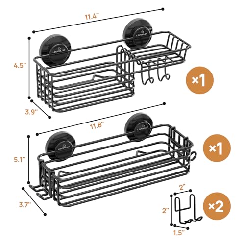 LEVERLOC shower caddy with suction cups and hooks, black 2-pack, mounted on bathroom wall for organizing shower essentials