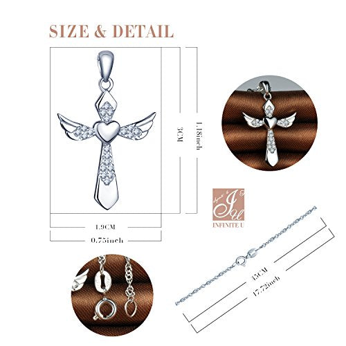 Infinite U Elegant Angel Wings Heart Cross Pendant 925 Sterling Silver Rhodium Plated Cubic Zirconia Necklace for Women/Girls