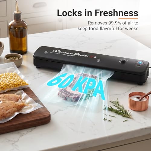 Vacuum Sealer Machine with 30cm Longer Dry Vacuum & 60 KPA Powerful Suction, Pulse Mode for for Vac/Seal/Rice/Dry, Equipped LED Light, Includes 10 Bags, Ideal for UK Kitchen Storage UK 3-Pin Plug Black