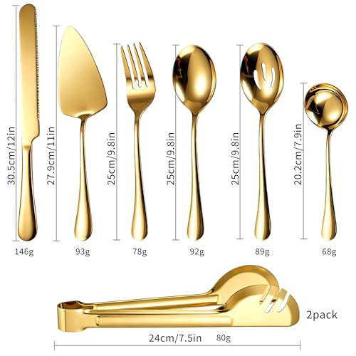 8 PCS Cutlery Serving Set Large, Stainless Steel Serving Utensils Include Serving Spoon,Slotted Spoon,Fork,Soup Ladle,TongsCake Server and Bread Knife (Gold) Gold