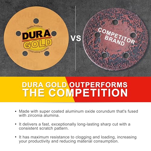 Dura-Gold 5-inch gold 320 grit hook and loop sanding disc with 5-hole pattern
