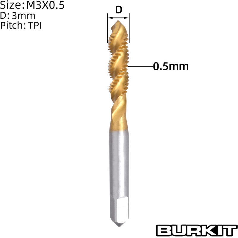 [Australia - AusPower] - Burkit 2pcs M3 X 0.5 Spiral Flute Tap, HSS Titanium Coated Spiral Flute Plug Threading Tap M3 x 0.5 Spiral Flute Tap Ti-co 