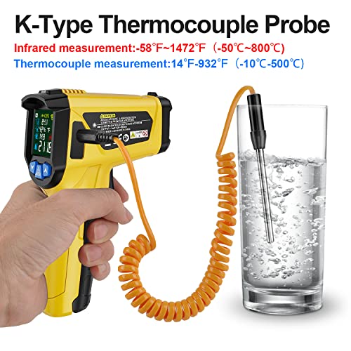 Infrared Thermometer Laser MESTEK Temperature Meter with K-Probe IR Pyrometer -50°C to 800°C Contactless Color LCD Alarm Function Adjustable Emissivity for Kitchen