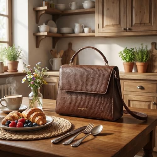 BEAUTYGOODIES Vegan Leather Insulated Lunch Bag for Women, Crocodile Pattern, with Shoulder Strap and Magnetic Closures. Brown