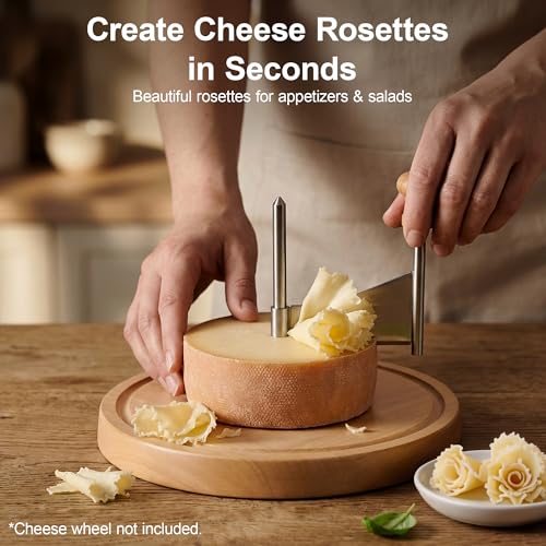 Cheese Curler Wheel, Girolle Cheese Shaver for i.a. Tête de Moine & Chocolate, Steel Cheese Curler with Wooden Base, Cheese Flower Shaver for Boards, Parties, Desserts