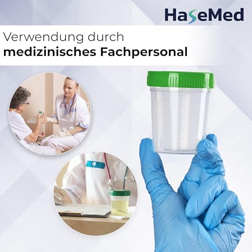 3 x HaseMed Premium Urine Cup Sample Cup | 125 ml, Screw Cap Lid, Green, Graduated up to 100 ml, Leak-Proof, Writeable, Freezable 3