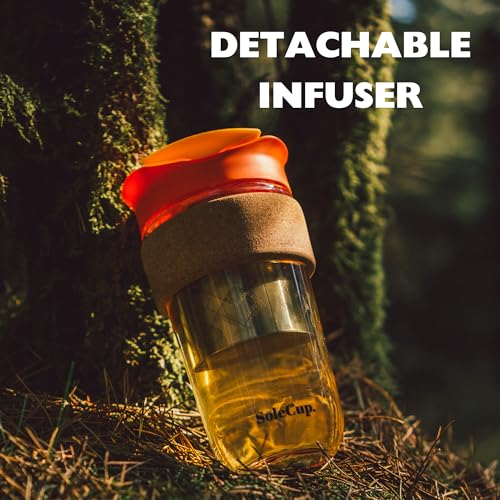 Large Travel Mug Loose Tea Infuser - Detachable Tea Strainer with Spill Proof Lid - 18oz/530ml BPA-Free Reusable Glass Travel Coffee Cup with Cork Band (Blue, 18oz) Blue 18 Ounces