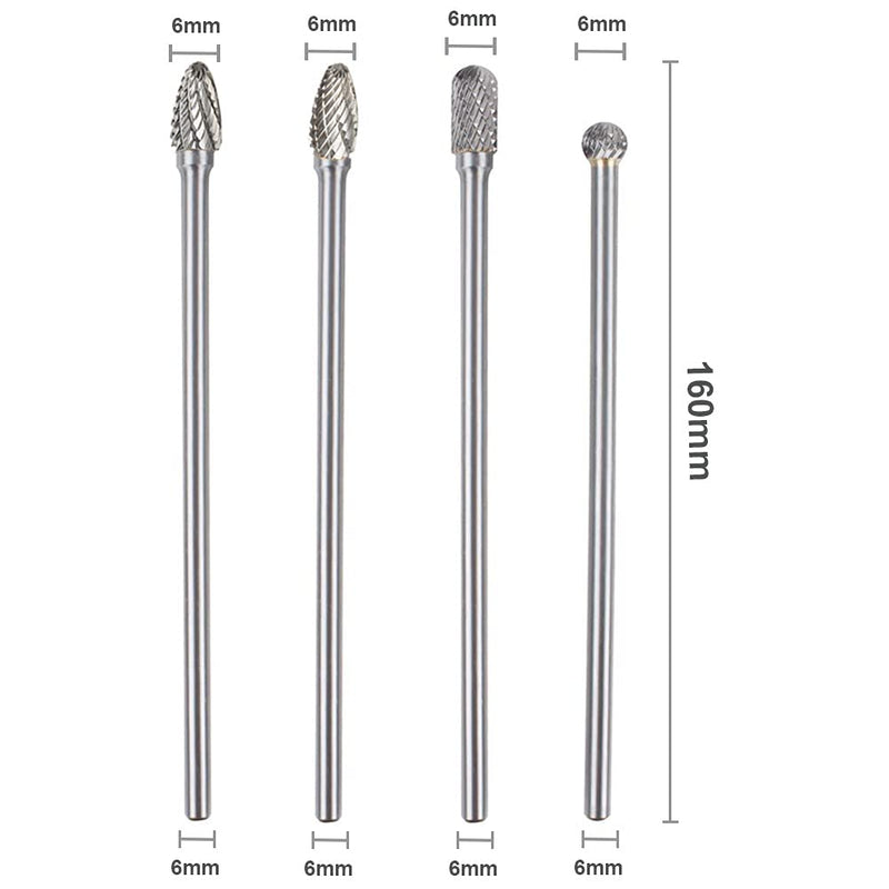 [Australia - AusPower] - 6-Inch Long Carbide Rotary Burr Set 6 mm (0.25 inch) Shank Long Reach Double Cut Tungsten Carbide Rotary File Set Fits Rotary Tool for Woodworking Drilling Carving Engraving, 4pcs 