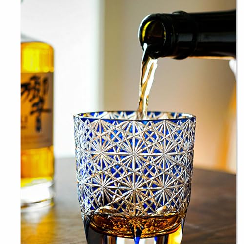 JEKE Edo style Color Hand Cut Crystal Glass Tumbler Whisky Gass 9 Oz Glassware with Luxury Gift Box,Cocktail-Vodka-Beer Drinkingware Glasses In Gift Carton (Blue) Blue