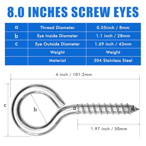 10PCS 4 inches Screw Eyes M8 304 Stainless Steel Eye Screws, Heavy Duty Screw, Eye Hooks Screw Eye Bolts Eye Hooks Screw, Indoor & Outdoor Uses (10, M8-4inch) 10
