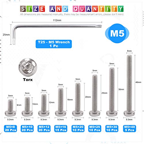 Glarks M5 stainless steel Torx security pan head screw assortment with T25 wrench, 111-piece set
