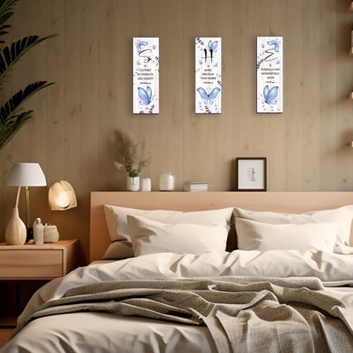 DONFENTHY 3 Pcs Butterfly Wall Decor Blue Room Decor Butterfly Wall Art Wooden Hanging with Religious Bible Word Sign for Women Room Bathroom Bedroom Office Decoration(Blue, 12x4 Inch)
