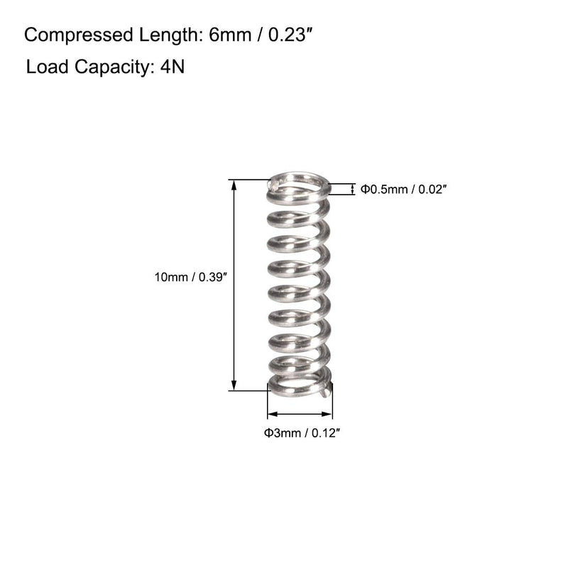 [Australia - AusPower] - uxcell Compression Spring,304 Stainless Steel,3mm OD,0.5mm Wire Size,6mm Compressed Length,10mm Free Length,4N Load Capacity,Silver Tone,10pcs 3mmx0.5mmx10mm 