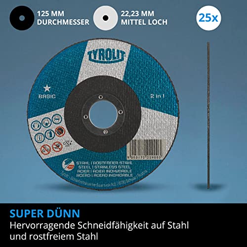 Tyrolit 25 x Basic Cutting Discs 125 mm x 1 mm x 22.23 mm A60Q | Cutting Discs for Metal, Steel & Stainless Steel I Extra Thin for Fast & Low Burr Separation of Sheets or Pipes | Long Service Life 25 pieces