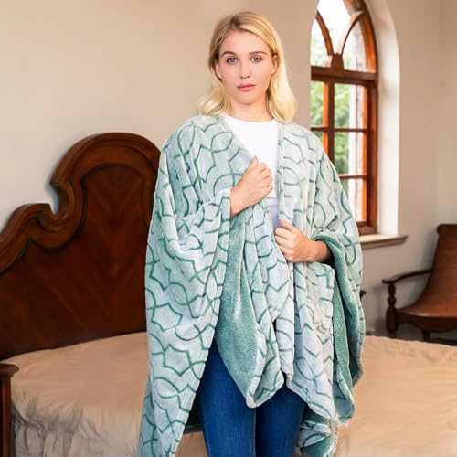 Bcareself Double-Sided Wearable Blanket Ultra Soft Flannel Shawl Blanket, Reversible Blanket,with Pockets, for Women and Men Modern Forest Green