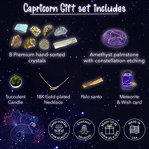 DANCING BEAR Capricorn Zodiac Healing Crystals Gift Set (14 Pc): 9 Stones, 18K Gold-plated Constellation Necklace, Meteorite, Succulent Candle, Palo Santo Smudge stick, and Info Guide, Made in the USA