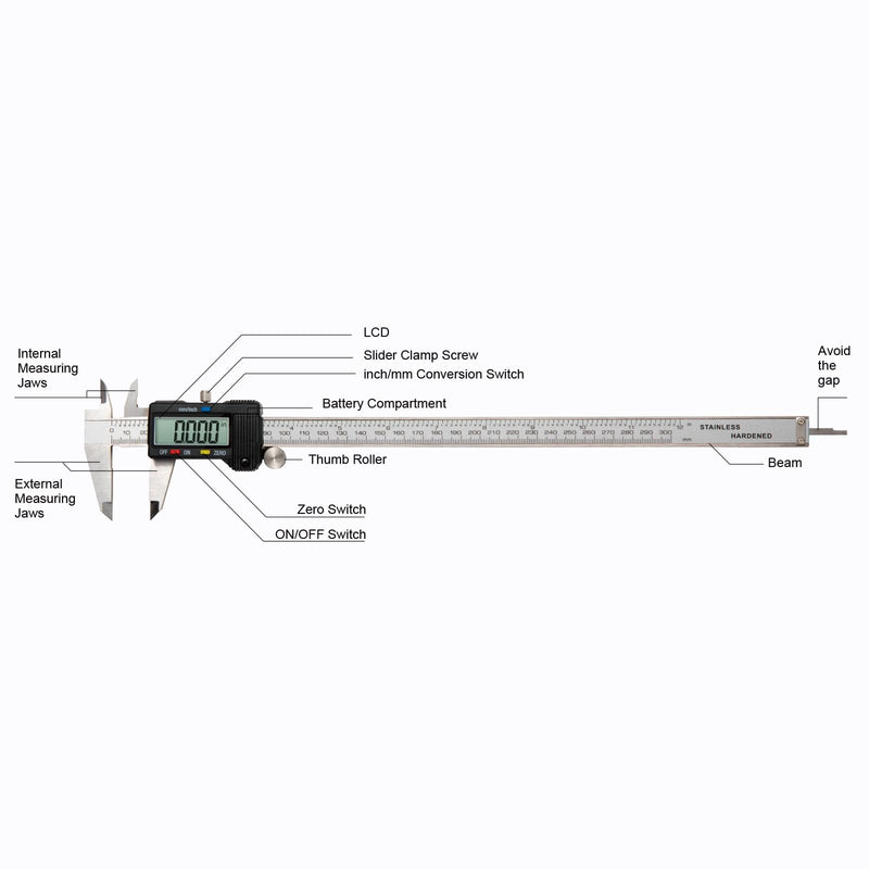 [Australia - AusPower] - Digital Caliper 0-12" Measuring Tool with Metal Ruler, Micrometer Caliper with Auto-Off Feature, Interchangeable Between inches and millimeters for DIY/Household and 3D Printing, Black 12" Metal ruler Black 